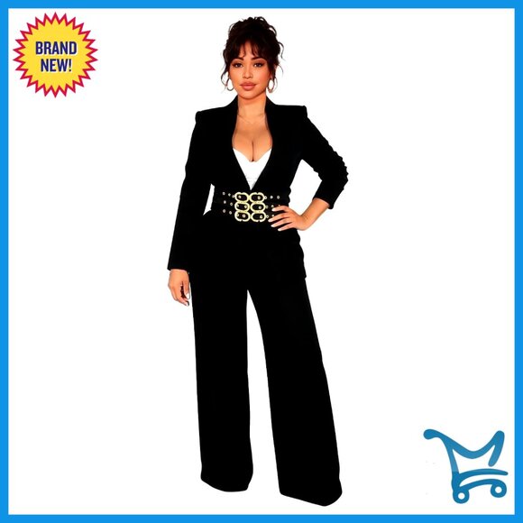 Thick Long Sleeve Belted Blazer Pantsuit Set Business Casual Interview Outfits